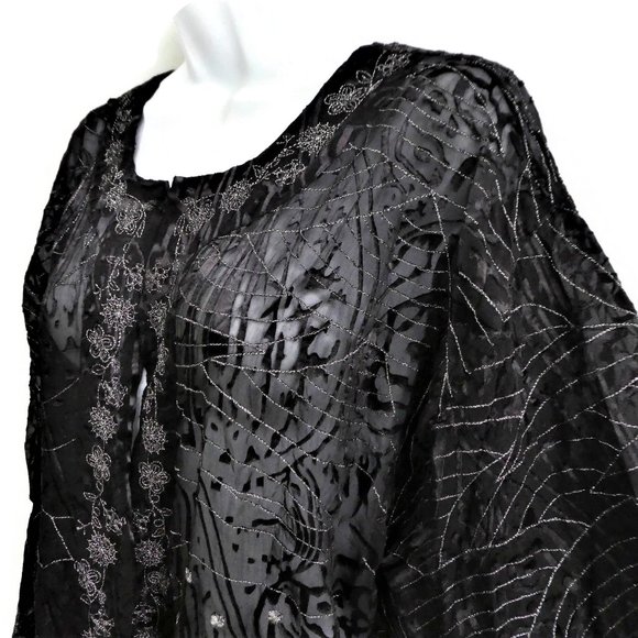 SiLK Rayon Metallic Blend Chicos Kimono Jacket Sheer Lame Black Floral 2 L 12 - Picture 1 of 8